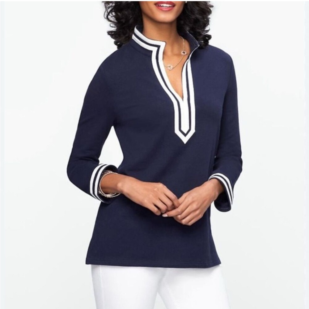 Talbots Blue  & white Nautical V Neck with White Trim.